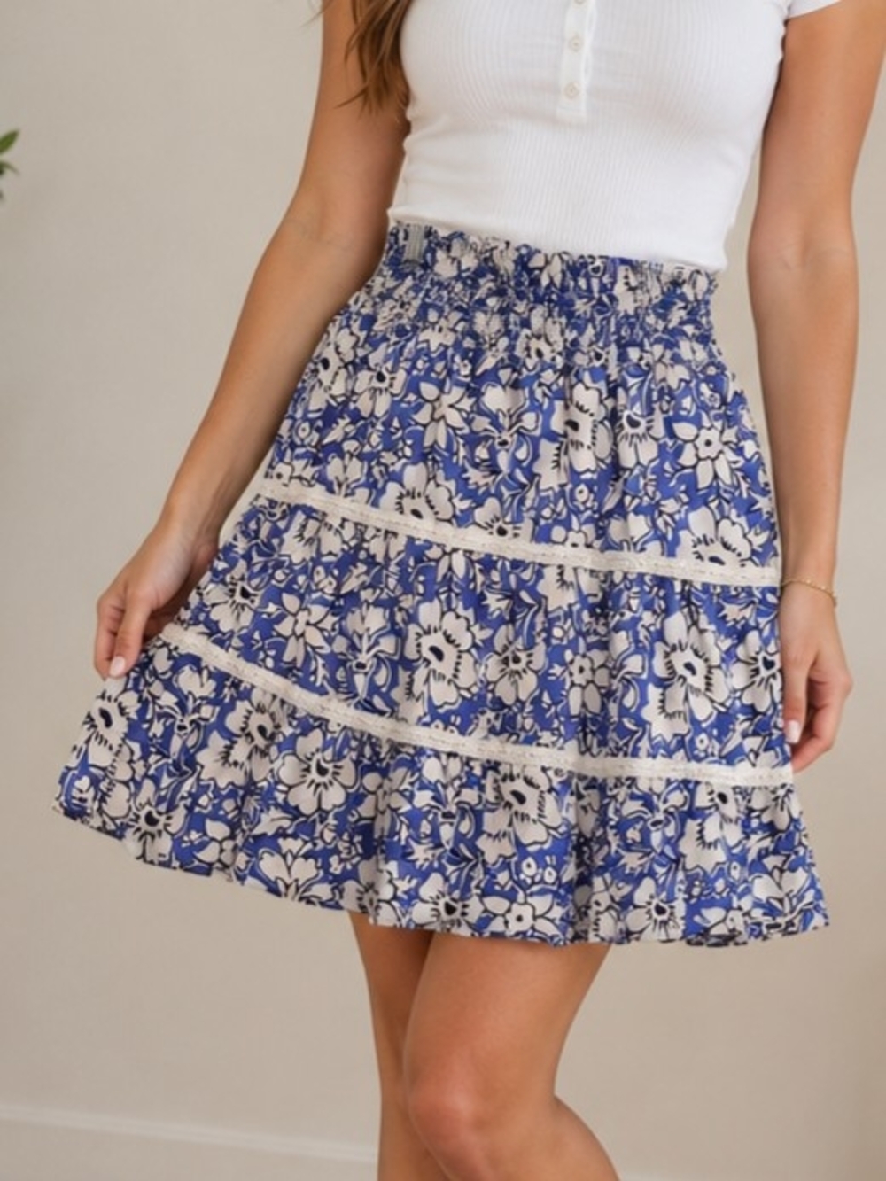 J Crew Blue White Floral Mini Skirt Size XS 100% Cotton Lightweight Boho Tiered